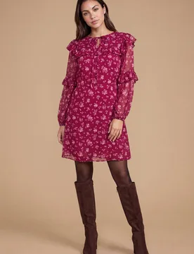 Women's Petite Berry Ditsy Patchwork Frill Yoke Printed Chiffon Mini Dress Size: 6 - Berry - Size: 6 - Dorothy perkins - FashionsVida