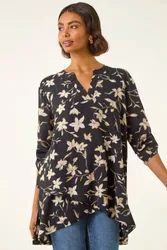 Floral Wrap Hem Tunic Top - Black - Size: 20