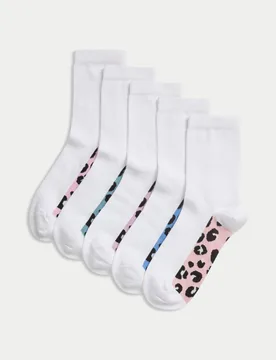 Pack Cotton Rich Leopard Print School Socks (6 Small - 7 Large) White Female - M&S - FashionsVida
