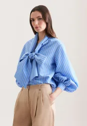 Schalkragenbluse mit Volumenärmel aus Viskose Mix Blau 46