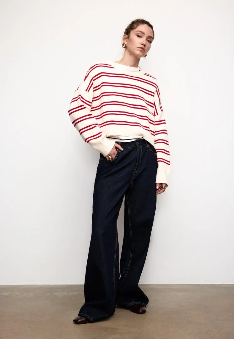 Gestreifter Cropped-Strickpullover Rot XL - Stradivarius - FashionsVida