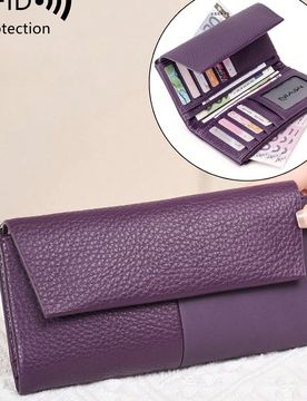 Cartera larga para mujer, diseño multifunción antirrobo RFID de varias capas, diseño elegante de patchwork con cierre magnético, cartera con múlt