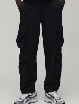 Men's Fixed Waist Relaxed Peached Twill 3d Multi Pocket Cargo Pants Black Size 32 Black 32 - boohooMAN - FashionsVida