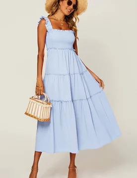 Women's Smocked Frill Strap Tiered Midi Dress in Light Blue Size: Large - Light Blue - Size: L - FS Collection - FashionsVida