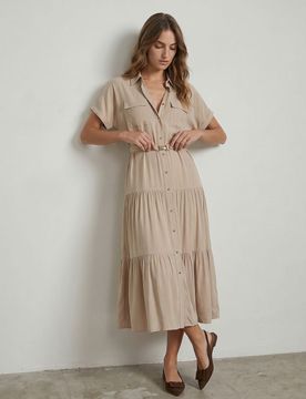 Abito camicia maxi con effetto ruching, con viscosa - beige