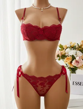 Conjunto de lencería de 2 piezas para mujer con sujetador y bragas de color liso, patchwork de encaje, nudo y transparencia, sexy, para cita nocturna - Shein - FashionsVida