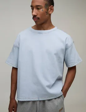 Men's Oversized Boxy Stretch Denim T-Shirt Light Blue Size Large Light Blue L - boohooMAN - FashionsVida