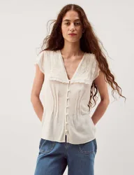 V-Neck Blouse with Linen Ivory female