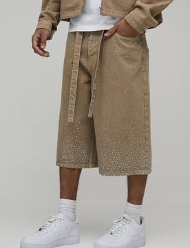 Herren Gewaschene Locker Geschnittene Jeans Hosen-Shorts Mit Gürtel Und Strasssteinen Khaki Größe 34