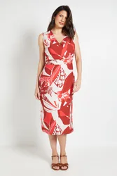 Womens Tropical Print Wrap Midi Dress - Red Viscose - Size 8 Uk