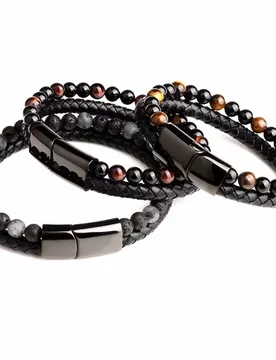 Trendy Bilayer Charm Natural Tiger Eye Stone 6mm Bead Leather Woven Bracelet 21cm 23cm Bracelets For Men&Women Fashion Jewelry - Aliexpress - FashionsVida