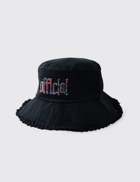 Men's Bucket Hat With Distressed Edge Brim & Tapestry Applique Black Black One Size - boohooMAN - FashionsVida