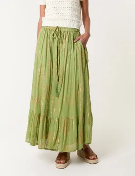 Gold Foil Print Peplum Hem Skirt - M/L / GREEN - female - Blue Vanilla - FashionsVida