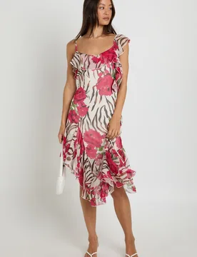 Womens Tall Chiffon Ruffle Detail Floral Asymmetric Midi Dress - Black - Size 10 Uk - Boohoo - FashionsVida