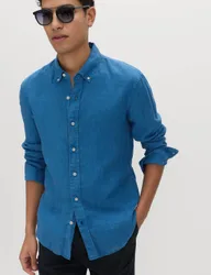 Slim Fit Garment Dye Pure Linen Shirt Cobalt male