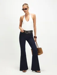 Mid Rise Seam Detail Flared Jeans Dark Blue Denim female