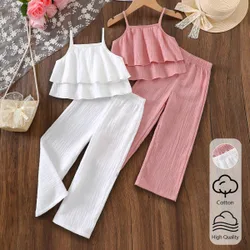 Set de 4 piezas con top de tirantes y pantalones de unicolor para uso diario casual de niña joven