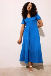 Notch Neck Tiered Cotton Maxi Dress - Cobalt - Size: 10