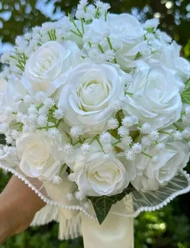 Pieza Ramo de novia con rosa estrellada, ramo de novia blanco, ramo de flores artificiales para boda, con cinta, ramo de dama de honor, decorado con e - Shein - FashionsVida