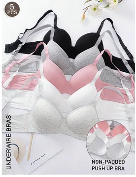 Set de 5 sujetadores con aros de unicolor, sujetadores push-up sexy y cómodos - sin relleno, con tirantes ajustables - Shein - FashionsVida