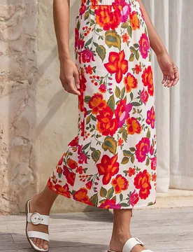 Women's Floral Print A-Line Midi Skirt in Orange Size: 10 - Orange - Size: 10 - Dusk - FashionsVida