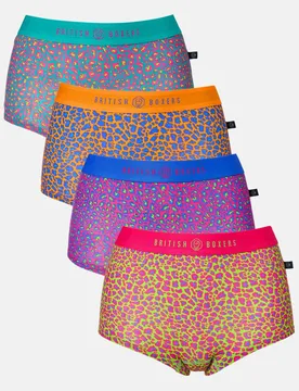 Women's Pack of Four "Wild Cat" Hipster Boxer Briefs Size: 22 - Multicolor - Size: 22 - British Boxers - FashionsVida