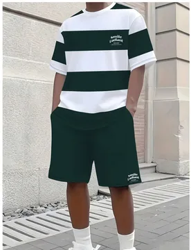 Conjunto de 2 piezas de camiseta a rayas y pantalones cortos de baño para hombre - Tela transpirable de secado rápido, rayas horizontales blancas y - Shein - FashionsVida