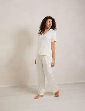 Satin Lace Trim Button Up Pyjama Set White female - Chelsea Peers - FashionsVida