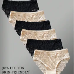 Juego de 6 bragas elegantes de unicolor con ribete de encaje, para mujeres