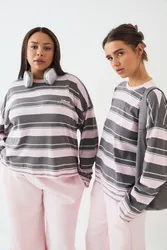 Womens Stripe Long Sleeve T-Shirt - Light Pink Cotton - Size X-Small