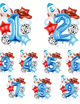 Piezas Globos decorativos con tema de vaquero occidental, incluye globos de números 1-9 de 32 pulgadas en azul, globos de nubes, globos de cohetes y - Shein - FashionsVida