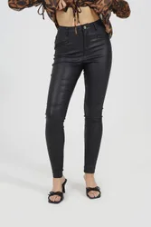 Women's Leather Look Biker Style Skinny Jeans in Black Size: 10 - Black - Size: 10