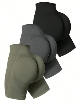 Pantalones cortos de fitness casuales de cintura alta de unicolor para mujer de talla grande - Shein - FashionsVida