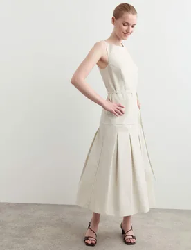 Cotton Blend Pleated Midi Waisted Dress Silver Grey female - Jaeger - FashionsVida