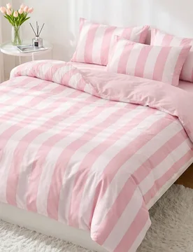 Juego de ropa de cama de 2/3 piezas, textil para el hogar, estilo minimalista, a rayas rosa y blanco, cómodo y transpirable, suave y anti-pilling, si - Shein - FashionsVida