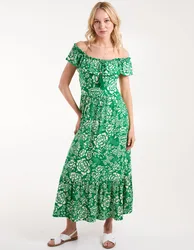 Elasticated Bardot Printed Maxi Dress - M / GREEN - female