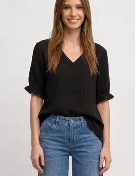 Kurzarm Bluse mit V-Neck und Rüschen female Schwarz