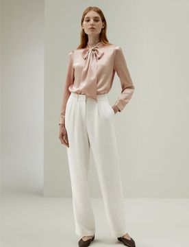 Camicetta Donna in Seta con Fiocco Elegante Morbida Beige Chiaro M