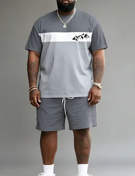 Conjunto de manga corta y pantalones cortos casuales para hombre de talla grande con estampado de contraste azul, con logotipo "Mountain", camiseta de - Shein - FashionsVida