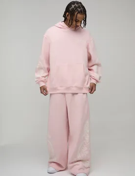 Men's Oversized Dragon Graphic Hooded Tracksuit Pink Size Large Pink L - boohooMAN - FashionsVida