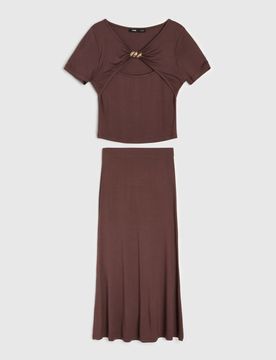 Completo in viscosa con top e gonna midi - marrone