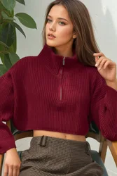 Womens Thick Knitwear Crop Sweater With Zipper Collar - Burgundy - Size Small/medium