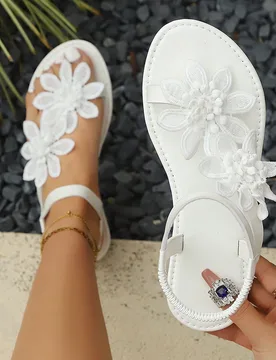 Sandalias planas elegantes y románticas con decoración floral para mujer, con correa elástica en el tobillo, estilo bohemio, cómodas y casuales, b - Shein - FashionsVida