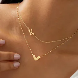 Set de 2 collares de acero inoxidable dorado con colgante en forma de corazón y letra, collar multicapa de cadena tipo labio de moda para mujeres