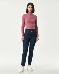 Jeans skinny blu a vita alta con cintone in puro cotone