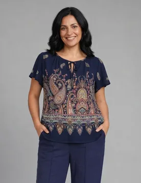 Blusa estampada cuello redondo anudado. manga corta - October - FashionsVida