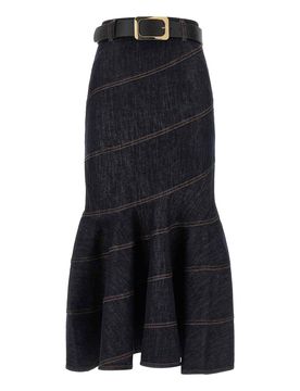 Gonna midi con cintura in denim indaco