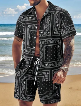 Conjunto de camisa de manga corta con estampado paisley y pantalones cortos para hombre, ligero, con cordón elástico y bolsillos, patrón retro de f - Shein - FashionsVida
