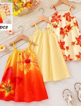 Conjunto de 3 piezas de vestido de moda casual para niñas jóvenes primavera/verano: vestido de tela tejida con estampado floral degradado naranja +
