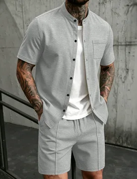 Men's two-piece set, a stand-up collar short-sleeved shirt paired with drawstring shorts for the waist, a casual outfit - Aliexpress - FashionsVida